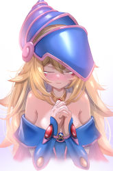 Rule 34 | 1girl, absurdres, bare shoulders, blonde hair, blush, blush stickers, closed eyes, closed mouth, collar, commentary, dark magician girl, death, dress, duel monster, gradient background, hat, highres, interlocked fingers, lips, long hair, magical girl, okamin, own hands together, pentacle, praying, real life, sad, simple background, solo, strapless, strapless dress, takahashi kazuki (person), tears, upper body, vambraces, very long hair, yu-gi-oh!, yu-gi-oh! duel monsters