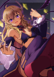 Rule 34 | 1girl, ahoge, bare shoulders, blonde hair, blurry, commentary request, convenient leg, dark-skinned female, dark skin, demon girl, demon horns, demon tail, depth of field, detached collar, detached sleeves, dutch angle, eyelashes, fingernails, flat chest, foreshortening, frilled sleeves, frills, grey background, hair between eyes, hand up, highres, horns, kootee-on, lilith (machikado mazoku), long fingernails, long hair, looking at viewer, machikado mazoku, neck ribbon, open mouth, pointy ears, purple eyes, purple thighhighs, red ribbon, ribbon, sidelocks, simple background, smile, solo, tail, thighhighs, wide sleeves