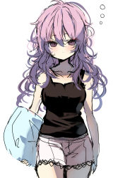 Rule 34 | 1girl, bare arms, bare shoulders, black tank top, breasts, brown eyes, closed mouth, commentary request, hair between eyes, highres, holding, holding pillow, long hair, looking at viewer, medium breasts, original, pillow, piyokichi, purple hair, short shorts, shorts, simple background, sketch, sleepy, solo, tank top, white background, white shorts