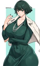 Rule 34 | 1girl, absurdres, arm under breasts, blunt bangs, blush, border, breasts, cleavage, closed mouth, coat, coat on shoulders, collarbone, collared dress, covered navel, cromwellb, curvy, dark green hair, dress, elbow rest, fubuki (one-punch man), fur coat, green dress, green eyes, hand up, highres, jewelry, large breasts, blue background, looking at viewer, nail polish, necklace, one-punch man, short hair, solo, taut clothes, taut dress, twitter username, white border, wide hips