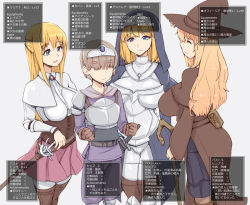 Rule 34 | 1boy, 3girls, :d, abubu, armor, blonde hair, blue eyes, bracer, breasts, breasts apart, brother and sister, brown hair, cane, capelet, circlet, clenched hands, closed eyes, corset, cross, cross necklace, habit, hair over eyes, hand on hilt, hat, jewelry, long hair, mother and son, multiple girls, necklace, nun, open mouth, original, rapier, sheath, sheathed, short hair, siblings, skirt, smile, staff, sword, translated, weapon, witch hat