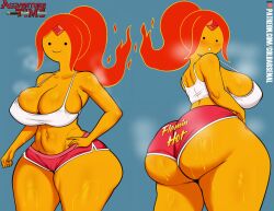 Rule 34 | adventure time, ass, short shorts, breasts, cameltoe, cleft of venus, coldarsenal, colored skin, fire hair, flame princess, highres, huge ass, large breasts, orange skin, steaming body, sweat