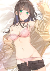 Rule 34 | 1girl, :o, arm up, armpits, bare shoulders, bed sheet, black hair, black shorts, blunt bangs, blush, bra, breasts, brown shirt, choker, cleavage, clothes pull, collarbone, green eyes, groin, long hair, long sleeves, looking at viewer, lying, maigoyaki, medium breasts, navel, on back, open clothes, open fly, open shirt, original, panties, parted lips, pink bra, pink panties, shirt, short shorts, shorts, shorts pull, sidelocks, solo, stomach, strap slip, underwear