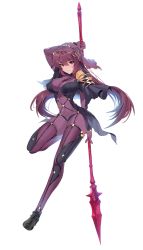 Rule 34 | 1girl, armor, blush, bodysuit, breasts, capelet, circlet, covered navel, damda, fate/grand order, fate (series), full body, gae bolg (fate), hair intakes, large breasts, legs, long hair, looking at viewer, pauldrons, polearm, purple bodysuit, purple hair, red eyes, scathach (fate), shoulder armor, simple background, smile, solo, spear, veil, weapon, white background