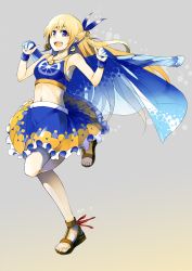 Rule 34 | 1girl, :d, armband, blonde hair, blue eyes, earrings, gradient background, half updo, highres, jewelry, long hair, midriff, navel, open mouth, orangina, sandals, skirt, smile, solo, standing, standing on one leg, tami (nekoneto), very long hair