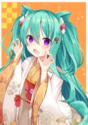 Rule 34 | 1girl, animal ear fluff, animal ears, blush, brown kimono, claw pose, commentary request, fang, floral print, green hair, hair between eyes, hair ornament, hands up, japanese clothes, kimono, long hair, long sleeves, maki soutoki, obi, open clothes, open mouth, orange background, original, print kimono, purple eyes, sash, solo, tail, two side up, upper body, very long hair, wide sleeves