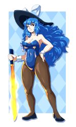 Rule 34 | 1girl, absurdres, animal ears, black forest cake, black headwear, black pantyhose, blue background, blue hair, blue leotard, breasts, cake, cleavage, closed mouth, commentary, commission, covered navel, english commentary, flaming sword, flaming weapon, food, full body, hand on own hip, highres, hinanawi tenshi, holding, holding sword, holding weapon, large breasts, leotard, long hair, pantyhose, playboy bunny, rabbit ears, solo, spookoarts, standing, sword, sword of hisou, touhou, weapon, wrist cuffs