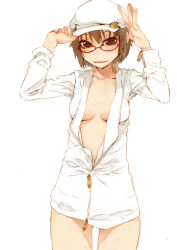 Rule 34 | 1girl, adjusting clothes, adjusting headwear, arms up, bob cut, bottomless, breasts, brown eyes, brown hair, cabbie hat, cleavage, glasses, hat, mashimi, naughty face, no bra, original, shimimaru, short hair, smile, solo, unzipped, zipper