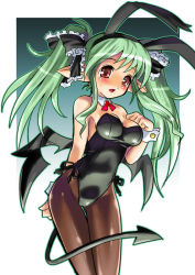 Rule 34 | 1girl, animal ears, breasts, cleavage, cowboy shot, demon tail, demon wings, detached collar, fake animal ears, green hair, hair ribbon, katahira masashi, leotard, long hair, medium breasts, open mouth, outline, pantyhose, playboy bunny, pointy ears, rabbit ears, red eyes, ribbon, sidelocks, solo, tail, twintails, wings, wrist cuffs