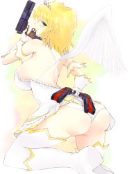 Rule 34 | 10s, 1girl, ass, blonde hair, boots, breasts, dress, dual wielding, from behind, gloves, gun, holding, jewelry, large breasts, looking at viewer, panties, ryou.r, ryouna (senran kagura), senran kagura, senran kagura shinovi versus, short hair, sideboob, thighhighs, tiara, tongue, tongue out, underwear, weapon, white panties, white thighhighs, wings