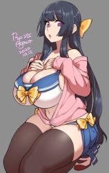 Rule 34 | 1girl, 2020, :o, agawa ryou, bare shoulders, black hair, black thighhighs, bow, breasts, cleavage, collarbone, commentary, curvy, dated, grey background, hair bow, huge breasts, long hair, looking at viewer, navel, original, purple eyes, simple background, skirt, solo, thick thighs, thighhighs, thighs, very long hair, yellow bow