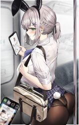 Rule 34 | 1girl, 1other, absurdres, animal ears, ass, bag, blush, bra, braid, breasts, collared shirt, condom, condom wrapper, fake animal ears, fake tail, green eyes, grey hair, hair ornament, hairclip, half-closed eyes, highres, holding, holding phone, hololive, houshou marine, kuse (0201), lace, lace-trimmed bra, lace-trimmed panties, lace trim, large breasts, long sleeves, looking at viewer, medium hair, minato aqua, nike (company), outside border, panties, panties over pantyhose, pantyhose, phone, pole, ponytail, rabbit ears, rabbit tail, school bag, school uniform, shiranui flare, shirogane noel, shirogane noel (school uniform), shirt, sidelocks, skirt, sleeves rolled up, smile, tail, train interior, underwear, uruha rushia, virtual youtuber, wavy hair