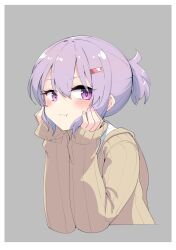 Rule 34 | 1girl, :t, a.i. voice, alternate hairstyle, cropped torso, hair ornament, hands on own chin, hands on own face, head rest, highres, long sleeves, looking at viewer, ponytail, pout, purple eyes, purple hair, short ponytail, simple background, solo, voiceroid, yuzuki yukari, yuzuki yukari (shizuku), zooanime