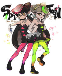 Rule 34 | + +, 2girls, bad id, bad pixiv id, black hair, callie (splatoon), character name, copyright name, dated, detached collar, dress, earrings, food, food on head, gloves, gomi (mikyou666), green legwear, grey hair, hand on own face, inkling, jewelry, leg up, locked arms, long hair, looking at viewer, marie (splatoon), mole, mole under eye, multiple girls, nintendo, object on head, open mouth, pantyhose, pointy ears, red legwear, shoes, short dress, short hair, short jumpsuit, splatoon (series), splatoon 1, standing, strapless, strapless dress, tentacle hair, white gloves