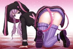 Rule 34 | 1girl, all fours, animal hood, animal print, arm support, ass, belt, bracelet, cameltoe, checkered floor, closed mouth, colored eyelashes, from behind, gradient background, hair tubes, hood, hoodie, jewelry, long sleeves, looking at viewer, looking back, low twintails, panties, pin, pink background, purple eyes, purple hair, rabbit hood, rabbit print, shoe soles, simple background, smile, solo, sourouhoukeisotin, striped clothes, striped panties, tsurime, twintails, underwear, vocaloid, voiceroid, yuzuki yukari