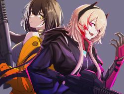 Rule 34 | 2girls, 3 small spiders, absurdres, assault rifle, black gloves, black hair, black jacket, blonde hair, breasts, carbine, closed mouth, clothes pull, colt 9mm smg, girls&#039; frontline, gloves, grey background, grey sweater vest, gun, hair between eyes, headset, heterochromia, highres, holding, holding gun, holding weapon, hood, hooded jacket, jacket, jacket pull, long hair, looking at viewer, m4 carbine, m4 sopmod ii, m4 sopmod ii (girls&#039; frontline), m4 sopmod ii (mod3) (girls&#039; frontline), mechanical arms, multicolored hair, multiple girls, official alternate costume, open mouth, orange eyes, pink eyes, rifle, ro635 (girls&#039; frontline), ro635 (mod3) (girls&#039; frontline), serious, single mechanical arm, smile, submachine gun, sweater vest, upper body, weapon, yellow eyes, yellow jacket