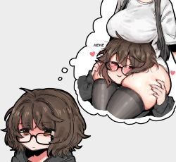 Rule 34 | 2girls, ahoge, aki (snale), black hair, black sweater, breasts, brown eyes, brown hair, english text, expressionless, female pervert, glasses, hands on another&#039;s thighs, head between thighs, heart, highres, holding another&#039;s thighs, large breasts, long hair, messy hair, multiple girls, original, pervert, short hair, skindentation, smile, snale, sweater, thick thighs, thighhighs, thighs, thinking, thought bubble, white background, yuri, zettai ryouiki
