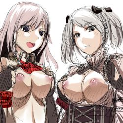 Rule 34 | 10s, 2girls, alisa ilinichina amiella, blush, breasts, breasts out, ciel alencon, covered erect nipples, female focus, god eater, god eater 2: rage burst, grey hair, long hair, lowres, multiple girls, nipples, no bra, open mouth, pink hair, simple background, sketch, smile, twintails