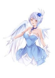 Rule 34 | 1girl, :d, absurdres, angel wings, asymmetrical wings, blue dress, blue ribbon, blush, breasts, brown eyes, chage (chage 00), choker, cleavage, cropped legs, dress, fairy tail, feathered wings, gloves, highres, layered dress, medium breasts, open mouth, outstretched arms, ribbon, ribbon choker, short hair, silver hair, simple background, sleeveless, sleeveless dress, smile, solo, strapless, strapless dress, white background, white gloves, white wings, wings, yukino aguria