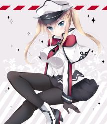 Rule 34 | 10s, 1girl, black gloves, black pantyhose, black skirt, blonde hair, blue eyes, blush, breasts, capelet, celtic knot, closed mouth, female focus, gloves, graf zeppelin (kancolle), hair between eyes, hat, ichiyou moka, kantai collection, large breasts, long hair, looking at viewer, miniskirt, necktie, pantyhose, peaked cap, pleated skirt, shoes, skirt, smile, solo, sparkle, twintails