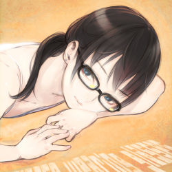 Rule 34 | 1girl, black hair, blue eyes, camisole, close-up, glasses, looking at viewer, lying, on stomach, original, shiohara shin&#039;ichi, solo