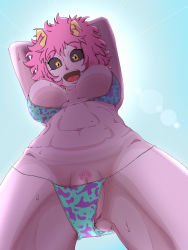 Rule 34 | 10s, 1girl, ashido mina, bare arms, bare shoulders, black sclera, boku no hero academia, breasts, cleavage, colored sclera, colored skin, curvy, female pubic hair, highres, hip focus, horns, medium breasts, pink hair, pink skin, pubic hair, short hair, smile, solo, thighs, uirou-zazami, yellow eyes