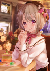 Rule 34 | 1girl, beret, blouse, bow, brown hair, cake, chair, depe, elbows on table, eyes visible through hair, flower, food, frills, hair between eyes, hat, hat bow, highres, long sleeves, looking at viewer, love live!, love live! nijigasaki high school idol club, love live! school idol project, nail polish, nakasu kasumi, orange nails, own hands clasped, own hands together, pink neckwear, pink ribbon, plate, purple eyes, restaurant, ribbon, shirt, shirt tucked in, short hair, smile, solo, table, tongue, tongue out, upper body, white shirt