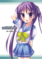 Rule 34 | 00s, 1girl, :o, arm up, blue skirt, blush, cover, hiiragi kagami, looking at viewer, lucky star, nullken, open mouth, pleated skirt, purple eyes, purple hair, school uniform, serafuku, shirt, sidelocks, simple background, skirt, solo, twintails, white background, white shirt