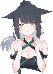 1girl absurdres animal_ears bandeau black_bandeau black_hair breasts cat_ears cat_girl cleavage criss-cross_halter cropped_torso facial_mark final_fantasy final_fantasy_xiv green_nails halterneck highres index_fingers_raised miqo&#039;te ponytail sana_(sanamaru_0w0) solo upper_body warrior_of_light_(ff14) whisker_markings yellow_eyes