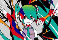 Rule 34 | 1girl, abstract, aqua hair, aqua necktie, bare shoulders, black eyes, black sleeves, bright pupils, closed mouth, collared shirt, colored skin, colorful, commentary, detached sleeves, grey background, grey shirt, hair between eyes, hatsune miku, heterochromia, light smile, long hair, looking at viewer, machigami yoh, multicolored eyes, necktie, pop art, shirt, sleeveless, sleeveless shirt, solo, standing, straight-on, twintails, upper body, very long hair, vocaloid, white pupils, white skin