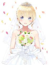 Rule 34 | 1girl, :d, bare shoulders, blonde hair, blue eyes, bouquet, bridal veil, bride, collarbone, colored eyelashes, commentary request, crown, dress, earrings, elbow gloves, flower, gloves, highres, holding, holding bouquet, jewelry, juliet persia, kishuku gakkou no juliet, looking at viewer, natsupa, necklace, open mouth, petals, rose, short hair, simple background, smile, solo, strapless, strapless dress, upper body, veil, wedding dress, white background, white dress, white flower, white gloves, white rose