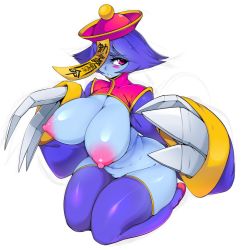 Rule 34 | 1girl, bad id, bad tumblr id, belly, blue hair, blue skin, blue thighhighs, blush, blush stickers, breasts, claws, colored skin, highres, huge breasts, jiangshi, large areolae, lei lei, nipples, pink eyes, plump, simple background, slugbox, solo, thick thighs, thighhighs, thighs, vampire (game), white background