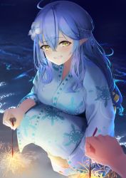 Rule 34 | 1girl, 1other, absurdres, ahoge, artist name, blue hair, blue kimono, blush, breasts, commentary request, fireworks, flower, hair flower, hair ornament, half updo, highres, holding, holding fireworks, hololive, japanese clothes, kimono, large breasts, long hair, looking at viewer, multicolored hair, night, outdoors, pointy ears, pov, pov hands, solo focus, squatting, streaked hair, teeth, towrituka, twitter username, very long hair, virtual youtuber, water, watermark, yellow eyes, yukata, yukihana lamy