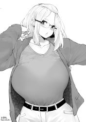 Rule 34 | 1girl, ;), absurdres, bangs pinned back, belt, bra visible through clothes, bralines, breasts, character name, cowboy shot, curvy, facing viewer, forehead, glasses, greyscale, highres, huge breasts, inne sulistya robin, jacket, lips, long hair, looking at viewer, monochrome, norman maggot, off shoulder, one eye closed, original, pants, rimless eyewear, shirt, short sleeves, smile, solo, standing, t-shirt, white background