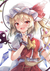 Rule 34 | 1girl, :d, absurdres, ascot, blonde hair, blush, crystal, finger to own chin, flandre scarlet, hat, highres, laevatein (touhou), looking at viewer, madotsukumo, medium hair, mob cap, one side up, open mouth, red eyes, red vest, simple background, smile, solo, touhou, upper body, vest, white background, white hat, wings, yellow ascot