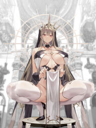 Rule 34 | 1girl, absurdres, bare shoulders, blush, breasts, cleavage, crown, dress, halo, highres, hiiragi yuuichi, large breasts, light brown hair, long hair, looking at viewer, original, parted lips, pelvic curtain, red eyes, solo, spread legs, squatting, thighhighs, very long hair