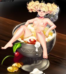 Rule 34 | 1girl, alcohol, barefoot, bathing, beer, blonde hair, blush, breasts, chalice, cherry, coin, convenient censoring, cup, dragon&#039;s crown, fairy, fairy wings, feet, foam, food, fruit, full body, gold, gradient background, green eyes, highres, in container, in cup, in food, long hair, looking at viewer, loyproject, mini person, minigirl, nipples, nose blush, nude, parted lips, partially submerged, pointy ears, small breasts, smile, solo, suggestive fluid, tiki (dragon&#039;s crown), toes, twintails, watermark, web address, wings