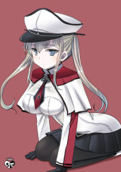 Rule 34 | 10s, 1girl, arm support, blonde hair, blue eyes, breasts, chize, cross, female focus, gloves, graf zeppelin (kancolle), hat, iron cross, kantai collection, large breasts, long hair, looking at viewer, military, military uniform, pantyhose, pleated skirt, seiza, simple background, sitting, skirt, solo, twintails, uniform, watermark