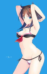 Rule 34 | 10s, 1girl, :o, adapted costume, alternate hairstyle, armpits, arms behind head, arms up, bare arms, bare shoulders, bikini, black bikini, black hair, black ribbon, blue background, blue eyes, blush, breasts, cleavage, contrapposto, eyebrows, hair flaps, hair ornament, hairpin, highres, kantai collection, navel, neckerchief, open mouth, ribbon, shigure (kancolle), shigure kai ni (kancolle), side-tie bikini bottom, sidelocks, signature, simple background, small breasts, solo, standing, stomach, strap gap, swimsuit, tareme, tebi (tbd11)