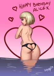 Rule 34 | 1girl, alice x (dr graevling), ass, ass cutout, back, birthday, black panties, blonde hair, blunt bangs, bow, bow panties, breasts, character name, clothing cutout, cowboy shot, dimples of venus, dr graevling, english text, eyeshadow, from behind, gradient background, hand on own hip, happy birthday, heart, heart cutout, lace, lace-trimmed panties, lace trim, lingerie, lipstick, looking at viewer, looking back, makeup, mole, mole under eye, no bra, panties, parted lips, pink background, profile, real life, reflection, shiny skin, short hair, signature, silver hair, solo, thighs, topless, underwear, underwear only, wading, water, yellow eyes
