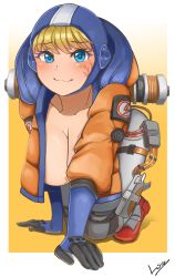 Rule 34 | 1girl, all fours, animification, apex legends, blonde hair, blue eyes, blue gloves, blue headwear, breasts, cleavage, collarbone, crawling, facial scar, gloves, highres, hood, hooded jacket, jacket, large breasts, loa (loa apex more), looking at viewer, orange jacket, pants, scar, scar on cheek, scar on face, smile, solo, wattson (apex legends), white pants