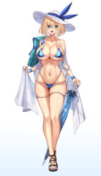 Rule 34 | 1girl, bikini, black footwear, blonde hair, blue background, blue bag, blue bikini, blue eyes, blue nails, breasts, commentary request, gradient background, hat, highres, holding, holding umbrella, large breasts, looking at viewer, nail polish, o-ring, o-ring bikini, o-ring bottom, o-ring top, original, sandals, short hair, solo, sophia f shirring, standing, swimsuit, takamine nadare, thigh strap, toenail polish, toenails, umbrella, white hat