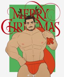 Rule 34 | 1boy, abs, antlers, bara, beard stubble, bulge, christmas, cowboy shot, dark-skinned male, dark skin, facial hair, flat color, highres, horns, jockstrap, large pectorals, looking at viewer, male focus, male underwear, mature male, merry christmas, muscular, muscular male, navel, nipples, original, pectorals, red male underwear, reindeer antlers, shiba ichi, short hair, solo, sparse navel hair, standing, stomach, strongman waist, stubble, thick eyebrows, thick thighs, thighs, topless male, underwear