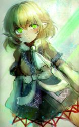Rule 34 | 1girl, arm warmers, blonde hair, blurry, blush, dutch angle, gradient background, green eyes, highres, looking to the side, maho moco, mizuhashi parsee, pointy ears, scarf, shirt, short hair, short sleeves, skirt, solo, tears, touhou, vest