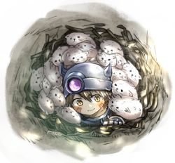 Rule 34 | 1boy, animal, blush, brown eyes, brown hair, commentary request, facial mark, hair between eyes, helmet, made in abyss, male focus, neritantan, piko (0 ppqq 0), regu (made in abyss), smile, solo