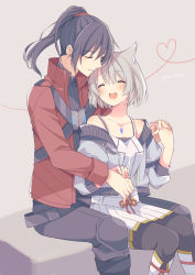 Rule 34 | 1boy, 1girl, animal ears, bare shoulders, belt, black belt, black hair, black pants, black pantyhose, black shirt, blush, cat ears, chest jewel, closed eyes, closed mouth, collarbone, commentary request, couple, crossed belts, grey hair, grey jacket, hair between eyes, hetero, holding hands, jacket, long hair, long sleeves, mini mamu, mio (xenoblade), noah (xenoblade), off shoulder, open clothes, open jacket, open mouth, pants, pantyhose, ponytail, red jacket, ribbed shirt, shirt, short hair, sitting, sitting on lap, sitting on person, skirt, smile, tank top, turtleneck, twitter username, white skirt, white tank top, xenoblade chronicles (series), xenoblade chronicles 3