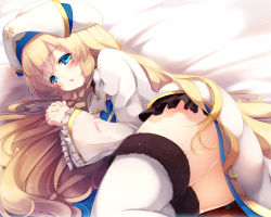 Rule 34 | 10s, 1girl, ass, bed sheet, blonde hair, blue eyes, blush, commentary request, dress, frilled sleeves, frills, fur-trimmed legwear, fur trim, gengetsu chihiro, goblin slayer!, hair between eyes, hat, long hair, long sleeves, looking at viewer, own hands clasped, own hands together, parted lips, priestess (goblin slayer!), puffy long sleeves, puffy sleeves, solo, thighhighs, very long hair, white dress, white hat, white thighhighs, wide sleeves