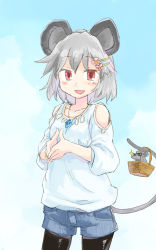Rule 34 | 1girl, animal ears, basket, black pantyhose, blush, casual, collarbone, contemporary, grey hair, hair ornament, hairclip, highres, jewelry, looking at viewer, mouse (animal), mouse ears, mouse tail, nazrin, open mouth, pantyhose, pantyhose under shorts, pendant, red eyes, sape (saperon black), short hair, shorts, simple background, solo, sunglasses, tail, touhou