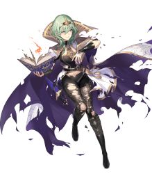 Rule 34 | 1girl, arm guards, armor, belt, black footwear, book, boots, brown pantyhose, byleth (female) (fire emblem), byleth (fire emblem), cape, dagger, fire emblem, fire emblem: three houses, fire emblem heroes, full body, gold trim, green eyes, green hair, high heel boots, high heels, highres, holding, holding book, jewelry, kakage, knee boots, knife, looking away, midriff, navel, nintendo, official art, pantyhose, pantyhose under shorts, parted lips, print pantyhose, shiny clothes, short hair, short sleeves, shorts, solo, stomach, tiara, torn cape, torn clothes, torn pantyhose, transparent background, weapon
