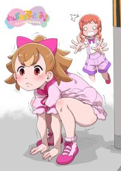 Rule 34 | 2girls, blush, bow, bowtie, brown hair, commentary, copyright name, dress, frown, hair bow, hands on ground, heart, heart hair, highres, inukai iroha, inukai komugi, multiple girls, no panties, o o, open mouth, pink bow, precure, puffy short sleeves, puffy sleeves, purple bow, purple bowtie, red hair, running, shoes, short sleeves, shorts, sidelocks, squatting, suspender shorts, suspenders, sweatdrop, trembling, uchuu ika, wonderful precure!